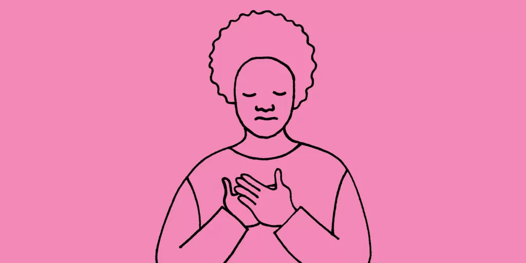 Line drawing of woman with hand on heart