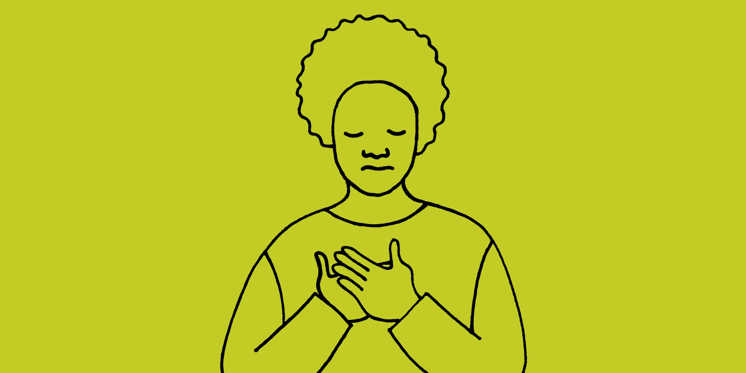 Line drawing of women with hands on heart